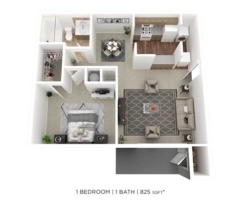 a floor plan of 1 bedroom 1 bath